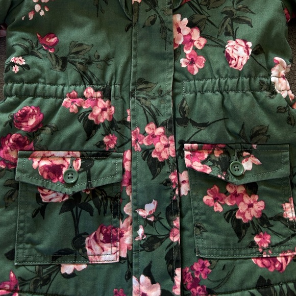 Toddler Girls Floral Parka Jacket Size 5T - Green-Pink. Sherpa Lined - Picture 3 of 11